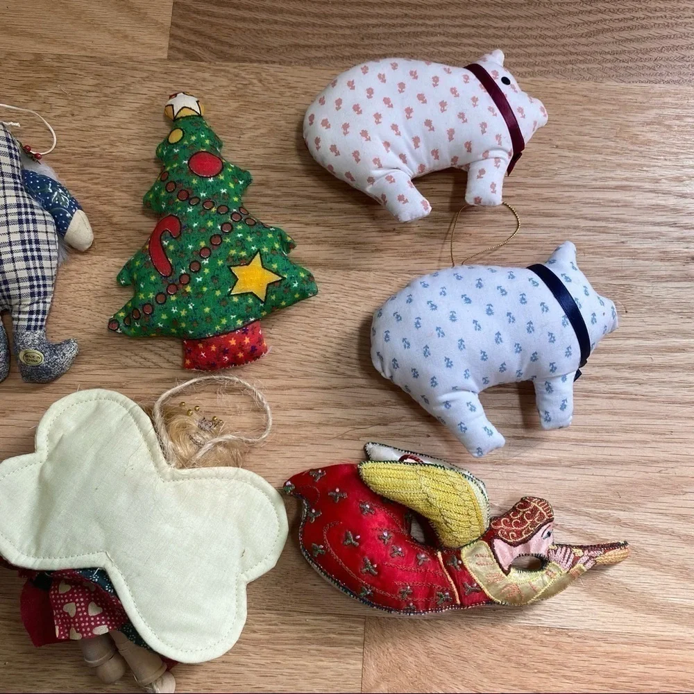 Vintage Stuffed Pig Santa Christmas Ornaments Sewn Plush Angel Tree